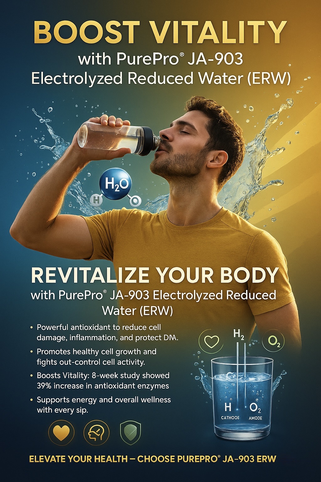 Bald cancer survivor drinking PurePro® JA-903 water, representing anti-cancer benefits and scientific hydration.